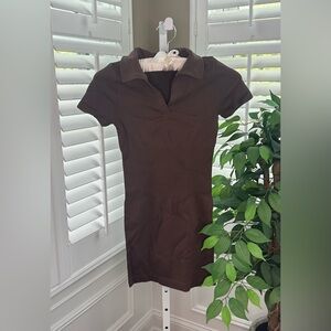 OQQ Women's Ribbed Short Sleeve Tummy Control Bodycon Mini Dress in Brown